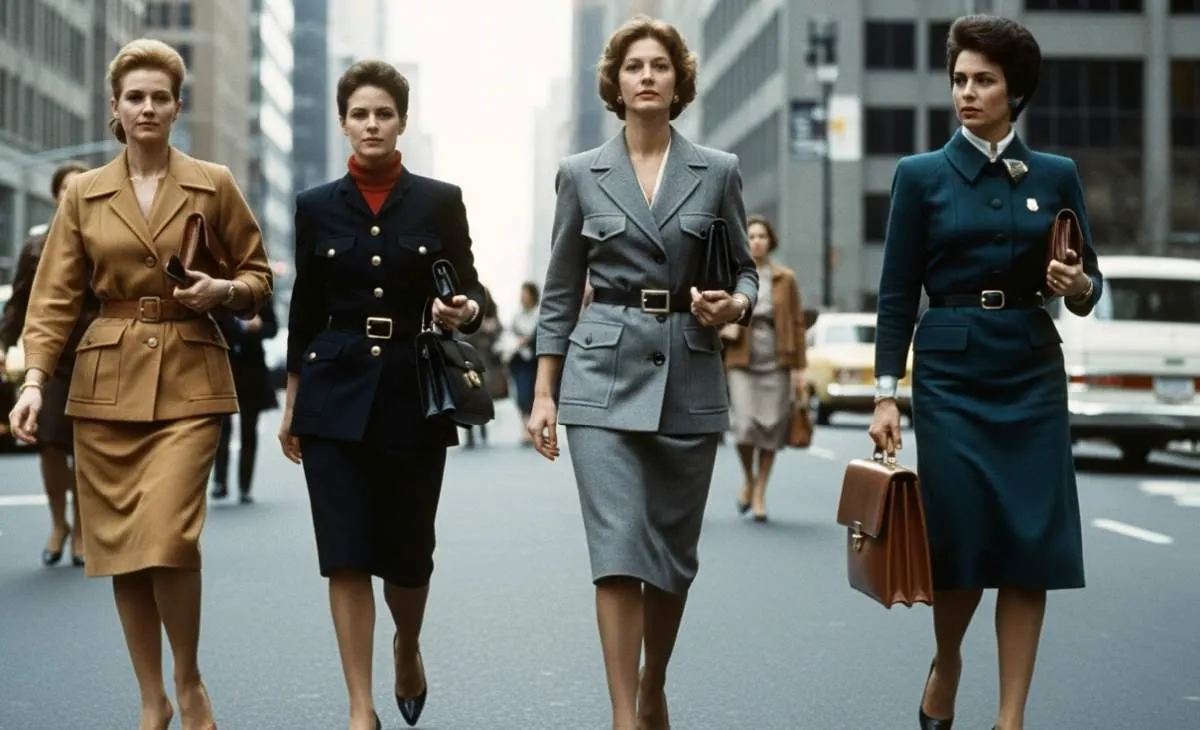 1980s power skirt styled with bold women's fashion inspired by corporate confidence