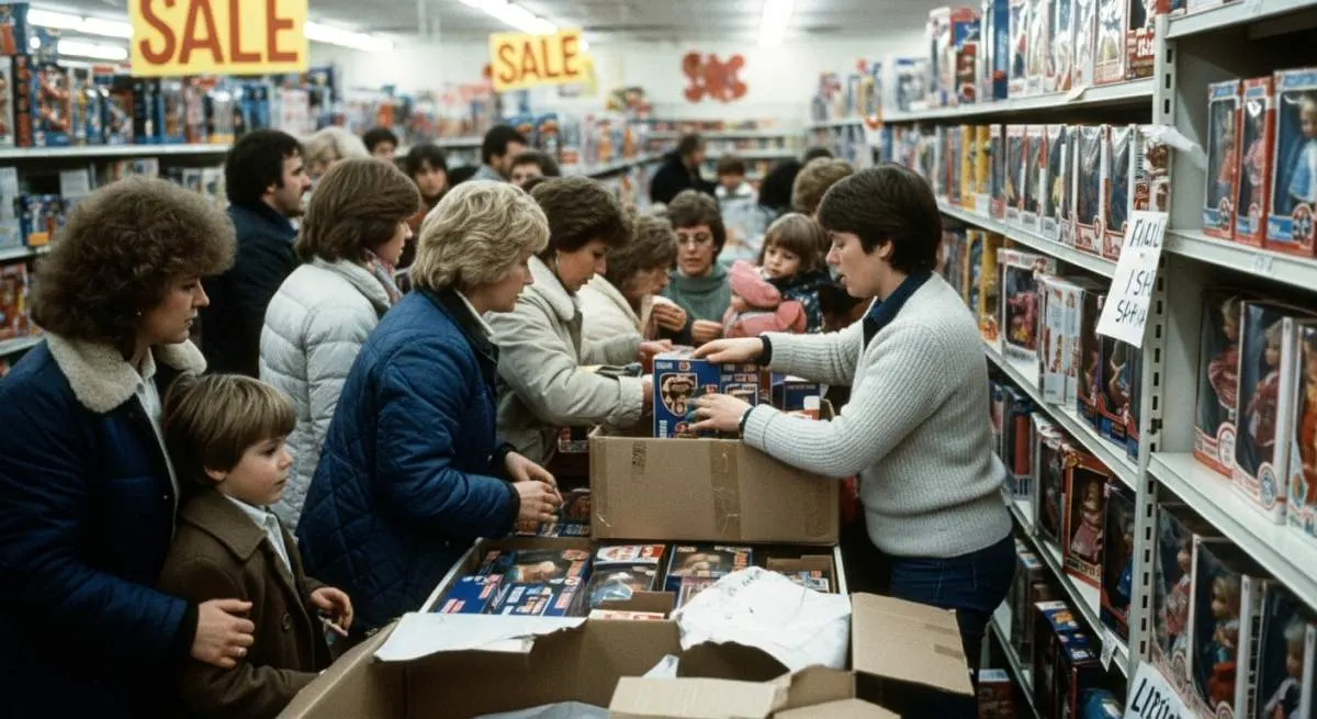 Crowds fighting over Cabbage Patch Kids dolls during the chaotic 1983 shopping frenzy