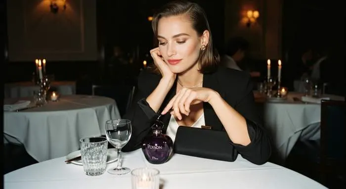 Dior Poison perfume bottle in a modern understated chic presentation
