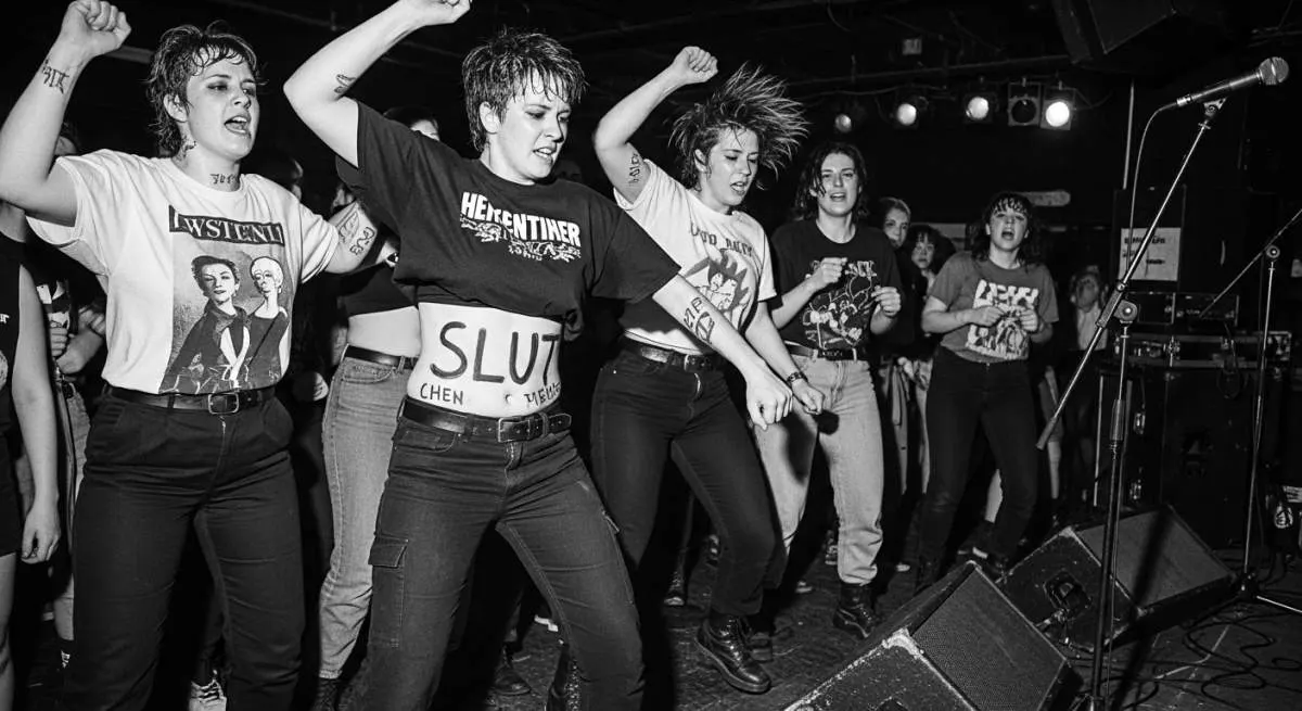 1990s feminist punk concert with DIY protest slogans inspired by Bikini Kill rebellion culture