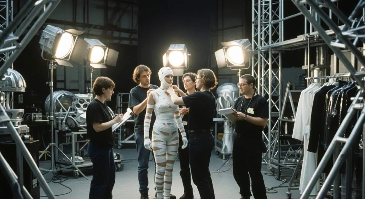 Sci-fi bandage costume inspired by Leeloo from The Fifth Element on a futuristic film set