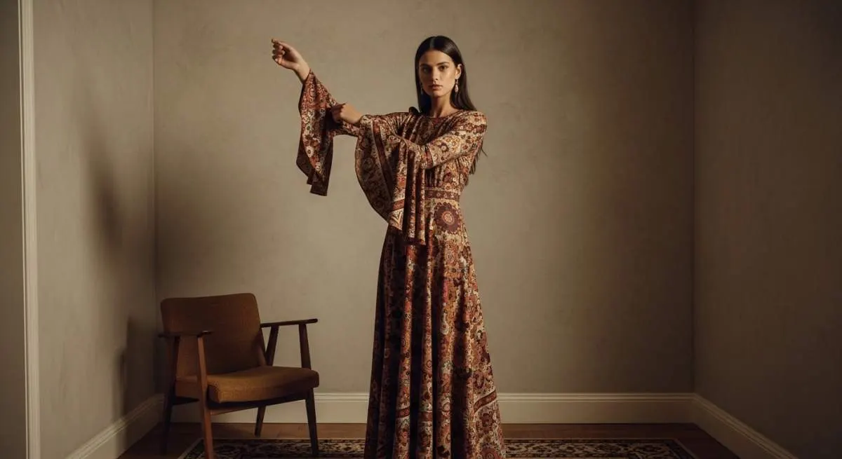 Model posing in a flowing 1970s-inspired boho dress with dramatic bell sleeves