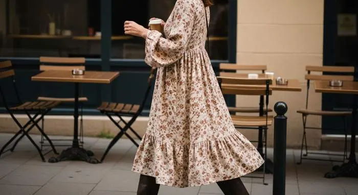 Loose boho maxi dress with wide bell sleeves and embroidered details, 1970s style