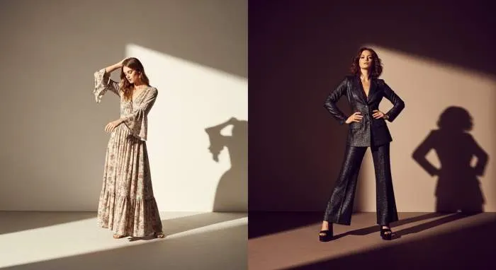 Boho floral maxi dress from 1973 beside disco sequin outfit with platforms