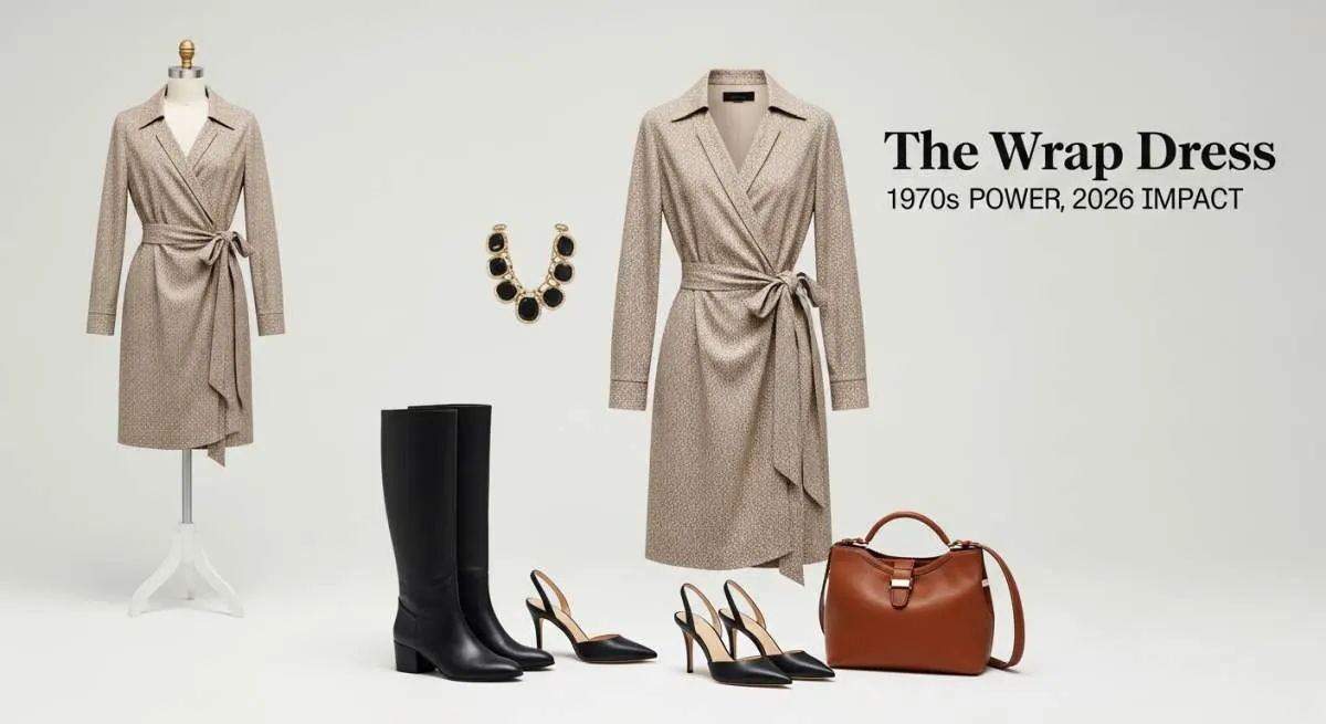 1970s wrap dress styled for both office wear and evening party fashion