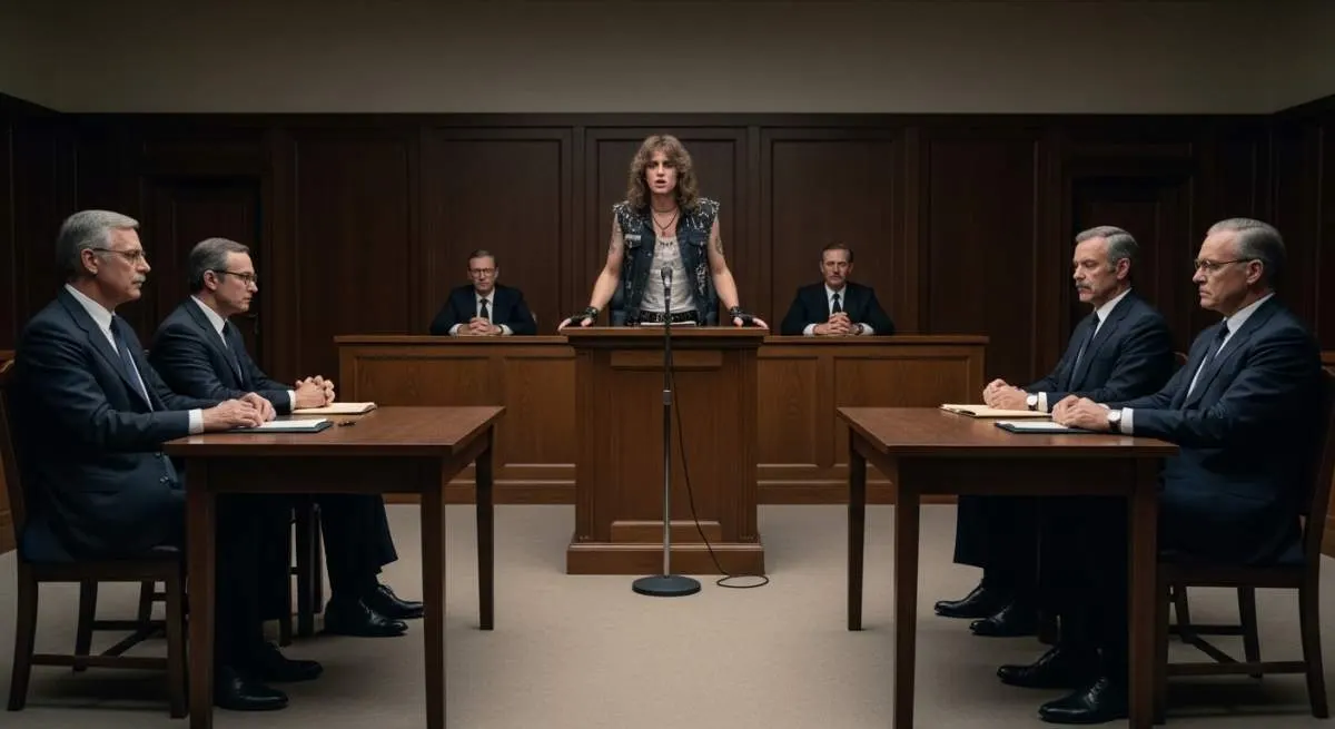 1980s heavy metal musicians speaking during the PMRC censorship hearings in a Washington courtroom