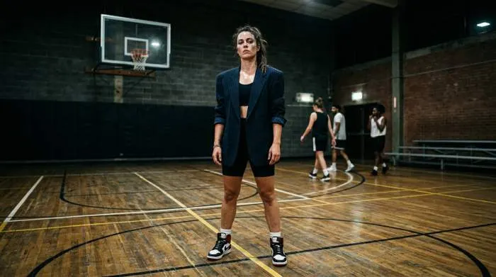 Woman wearing 80s power blazer with bike shorts on basketball court showing contrast between authority and athletic rebellion