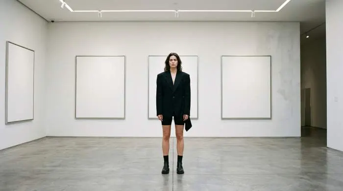 Woman wearing 80s power blazer with bike shorts in minimalist gallery highlighting contrast and exposed silhouette