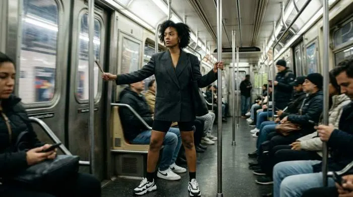 Woman wearing 80s power blazer with bike shorts styled for modern everyday city commute