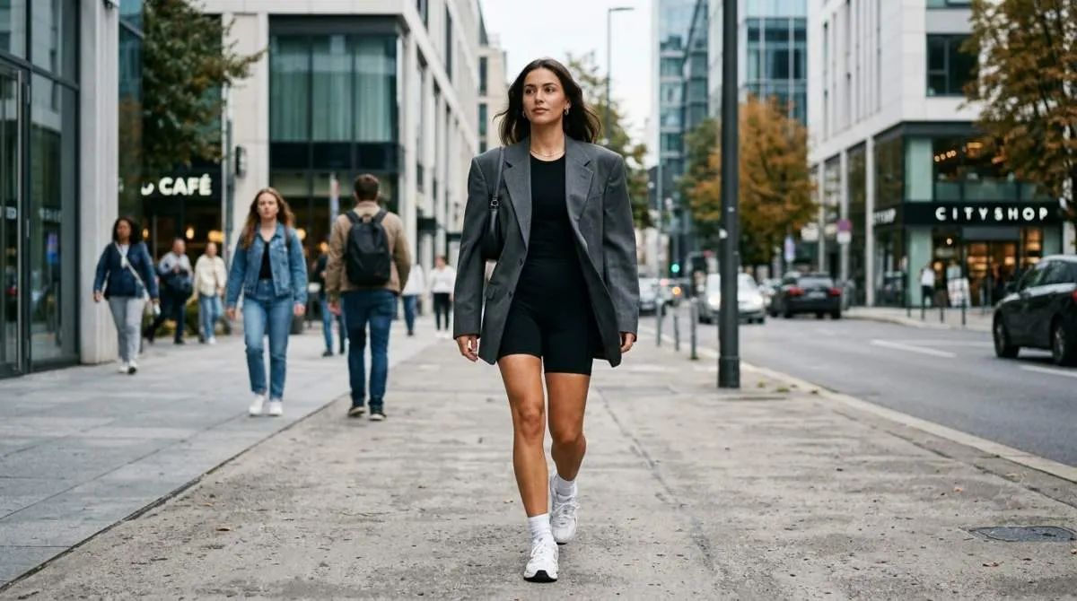 Woman styling 80s power blazer with bike shorts creating balanced modern silhouette