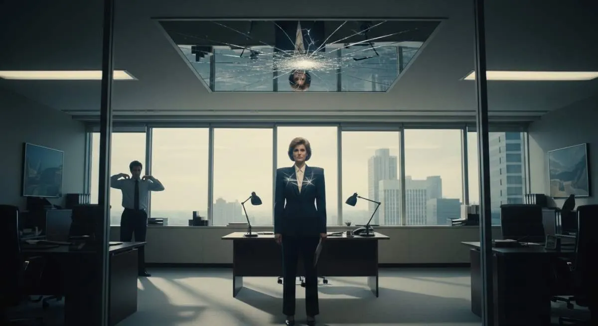 1980s businesswoman wearing oversized shoulder pads in a powerful corporate office setting