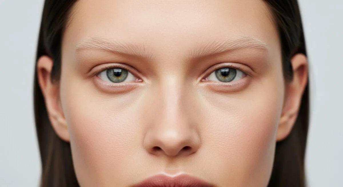 Close-up of thin barely-there eyebrows inspired by minimalist 1990s makeup trends