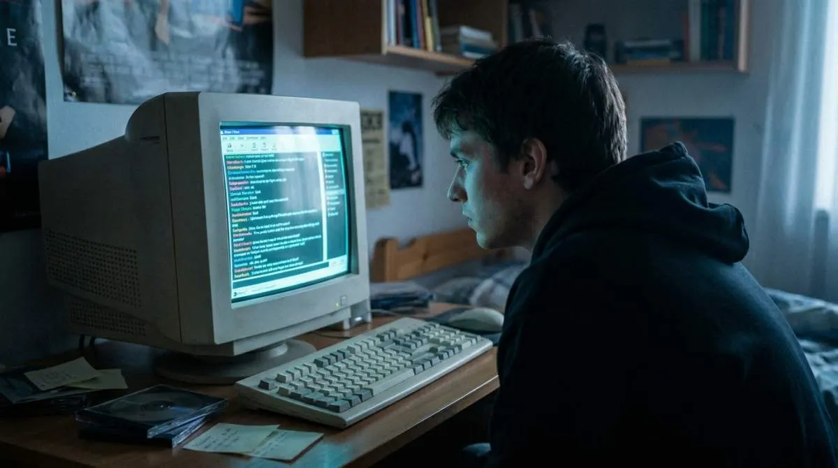 Teenagers using 1990s internet chat rooms on bulky desktop computers during the early web era