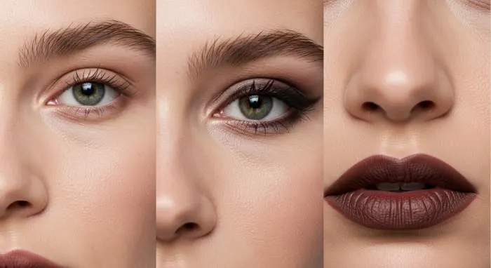 Triptych showing '90s minimal makeup with barely-there brows, dark lips, and smudged eyeliner