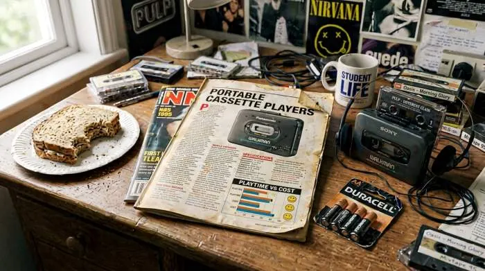 1990s music magazine reviewing Walkman battery life alongside lunch tradeoff with AA batteries and sandwich 1990s music magazine reviewing Walkman battery life alongside lunch tradeoff with AA batteries and sandwich