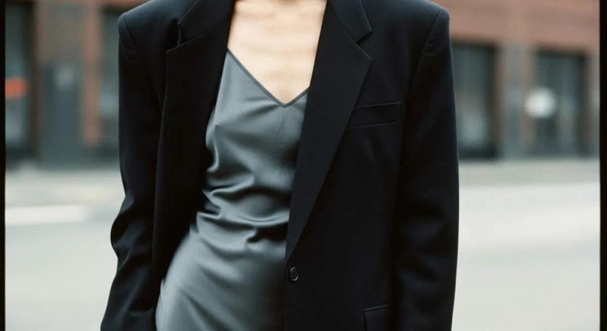 Modern outfit combining a 1990s slip dress with an oversized 1980s blazer