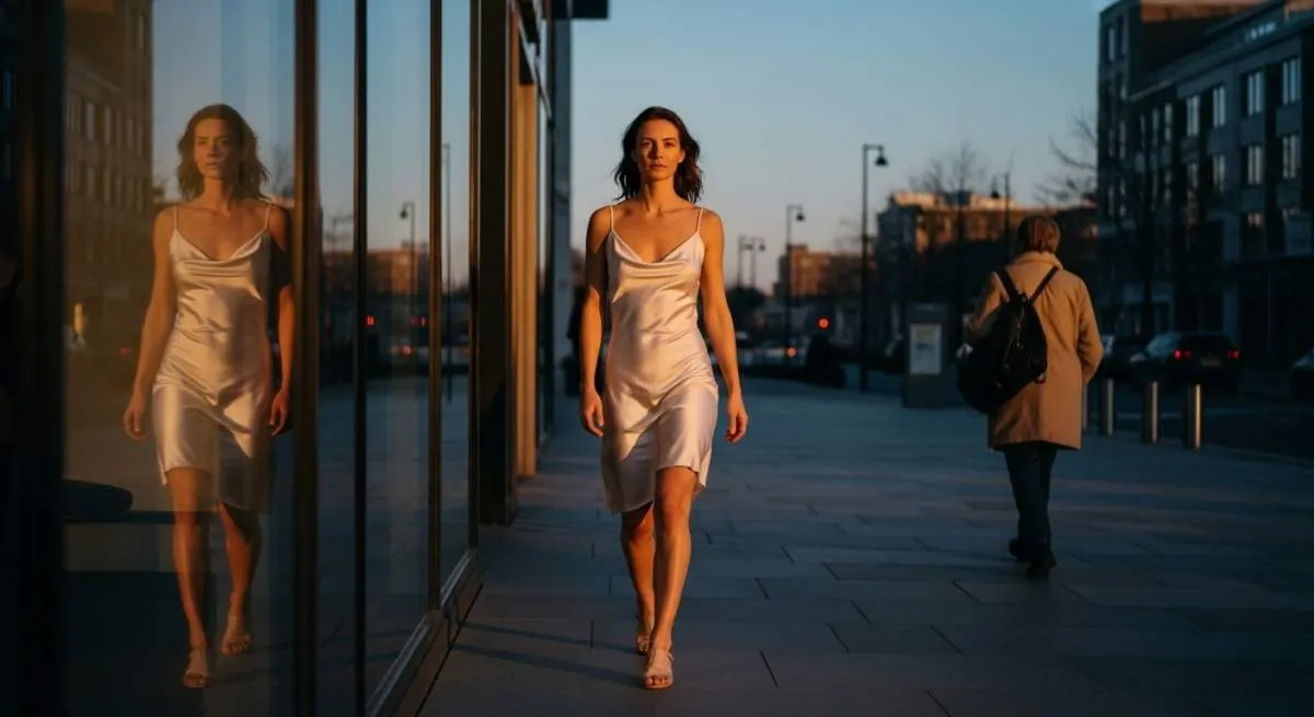 Modern fashion model wearing a minimalist 1990s-inspired slip dress styled for 2026 trends