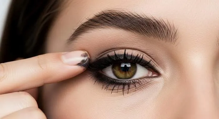 Closeup of 90s smudged black eyeliner on a model's eye