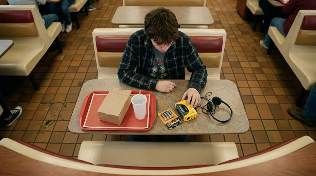 1990s teen choosing between lunch and AA batteries for Walkman music player