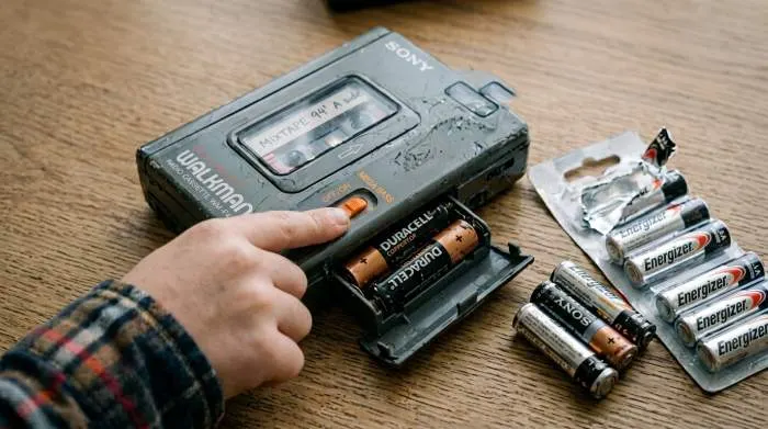 Walkman Mega Bass switch increasing battery drain with exposed AA batteries in 1990s portable cassette player Walkman Mega Bass switch increasing battery drain with exposed AA batteries in 1990s portable cassette player