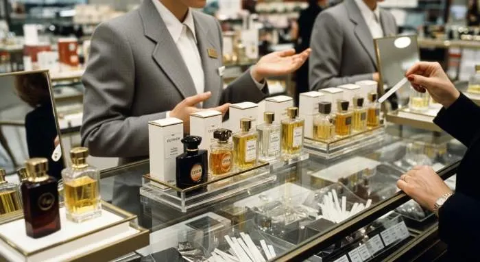 1980s perfume counter with elegant fragrance bottles before Dior Poison launch
