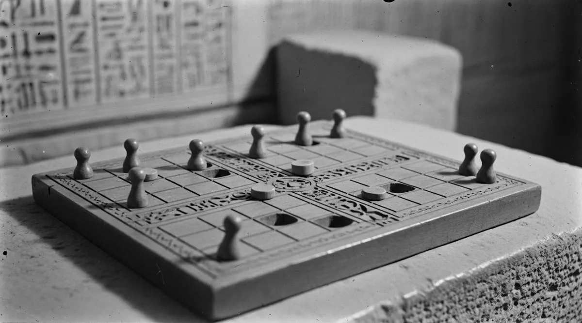 Ancient Egyptian Senet board game displayed with symbolic pieces linked to spiritual beliefs