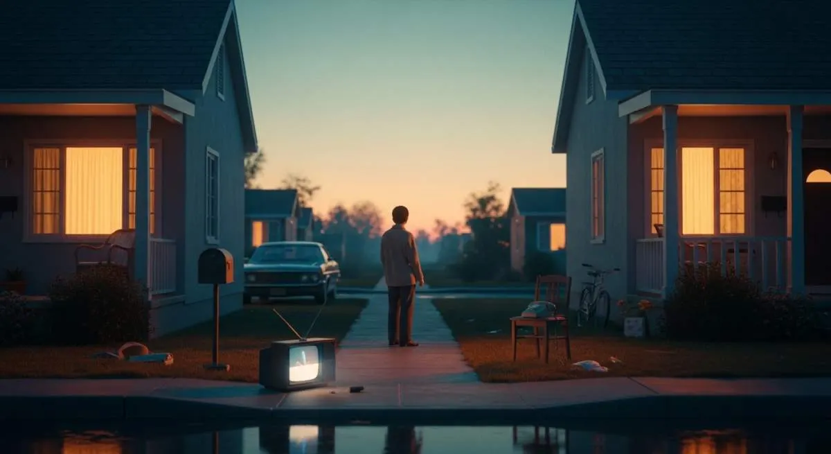 Surreal nostalgic street scene blending vintage fashion and retro aesthetics from past decades