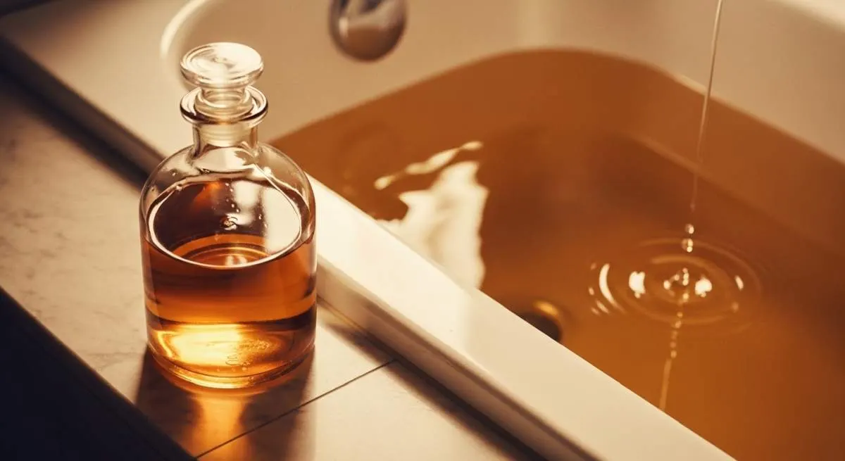Luxury bath oil bottles pouring scented oil into a bathtub during a classic beauty advertising campaign
