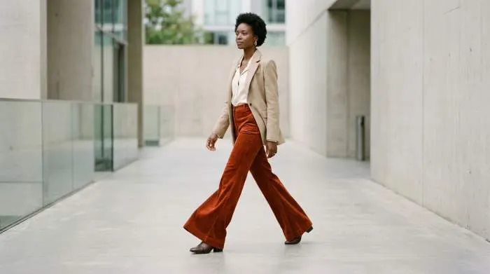 Close-up of jewel-toned bell-bottoms fabric with rich emerald and burnt orange tones