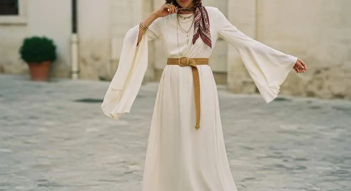 Bell sleeve boho maxi dress featuring flowing sleeves and structured silhouette
