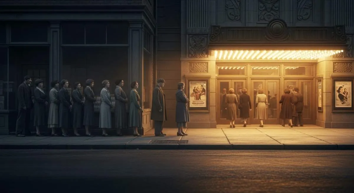 1930s breadline crowd contrasted with glamorous Hollywood movie theater during the Great Depression