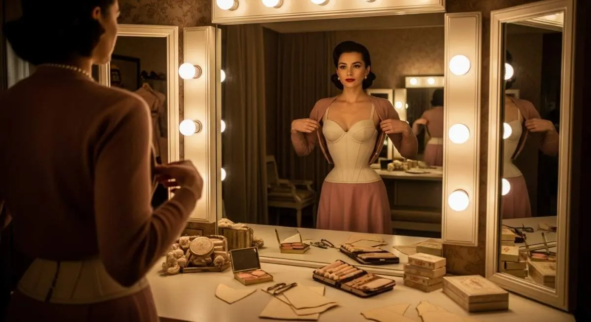1950s-inspired fashion silhouette featuring a structured bullet bra and sharply pointed vintage styling