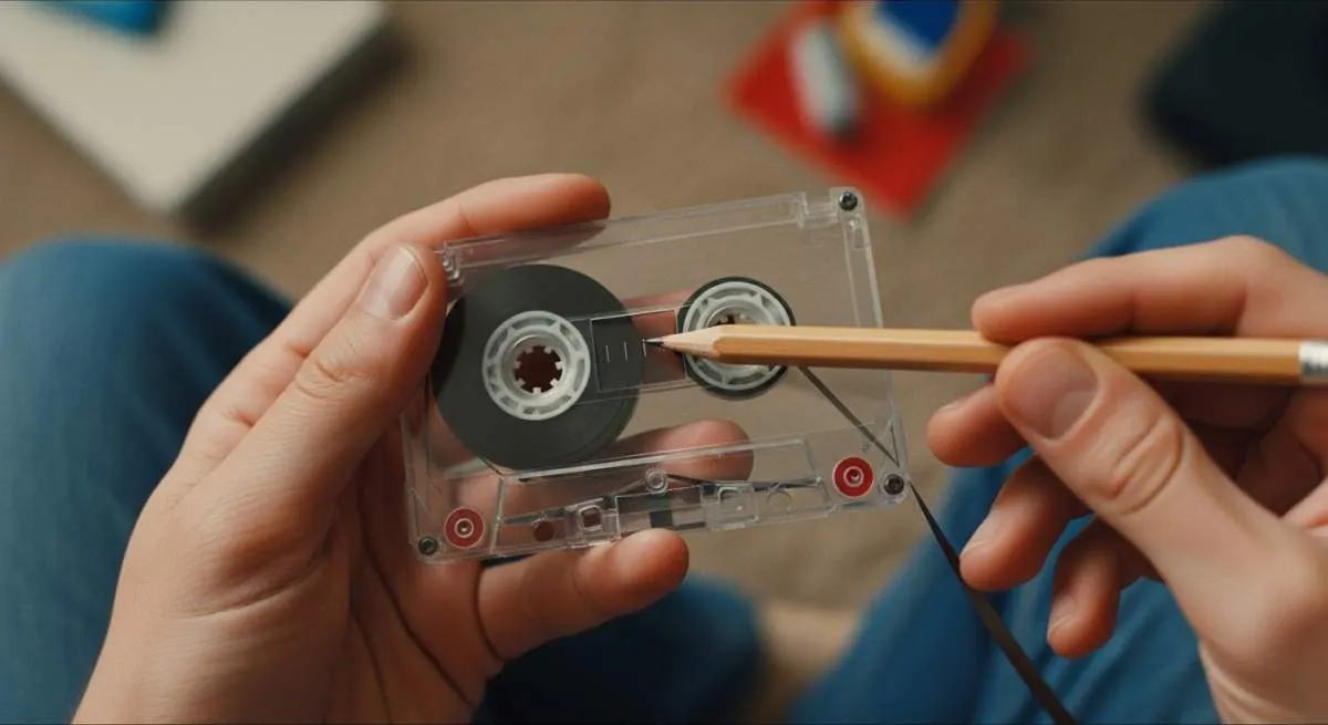 Close-up of a pencil rewinding a tangled cassette tape in a classic 1980s music player