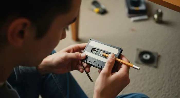 Pencil inserted into cassette tape spool to rewind