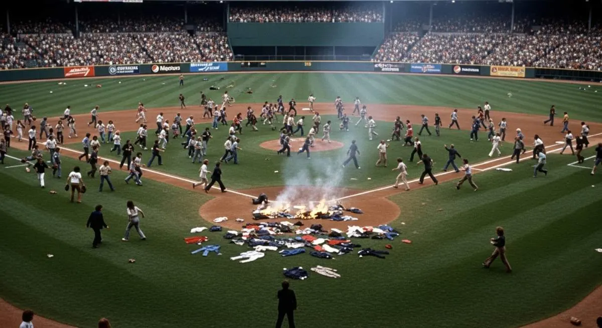 Fans burning polyester disco suits during the chaotic Comiskey Park Disco Demolition riot