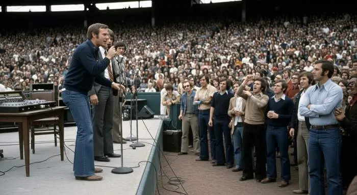 Fans gathering at Comiskey Park with disco records for Disco Demolition Night