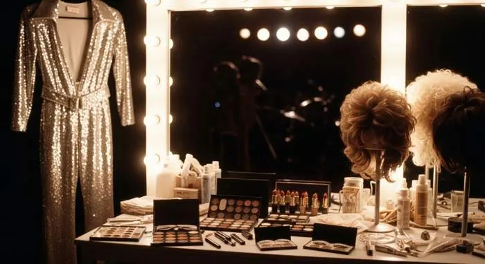 Donna Summer in a sequined jumpsuit singing into a microphone on a disco-lit stage