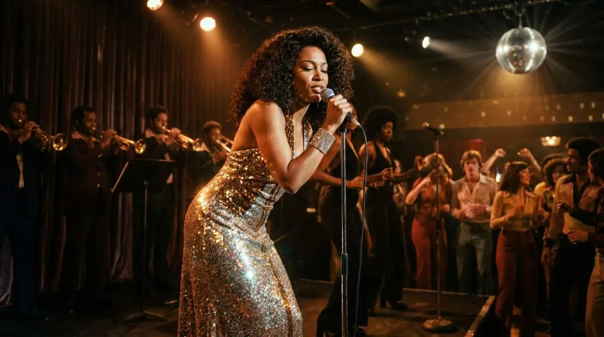 Donna Summer style 1970s disco performance in shimmering sequin gown challenging cultural norms