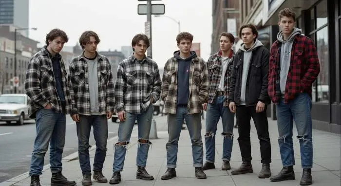Early 1990s grunge fashion: plaid flannel, ripped jeans, and oversized coats from films like Singles