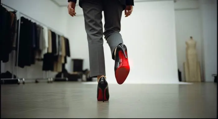 Christian Louboutin painting red lacquer on a shoe sole