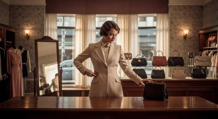 Vintage women's dress with decorative fake pockets, a sexist design enforcing handbag dependency