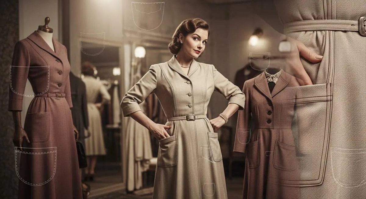 Vintage dress with fake pockets highlighting hidden limitations in women’s fashion design