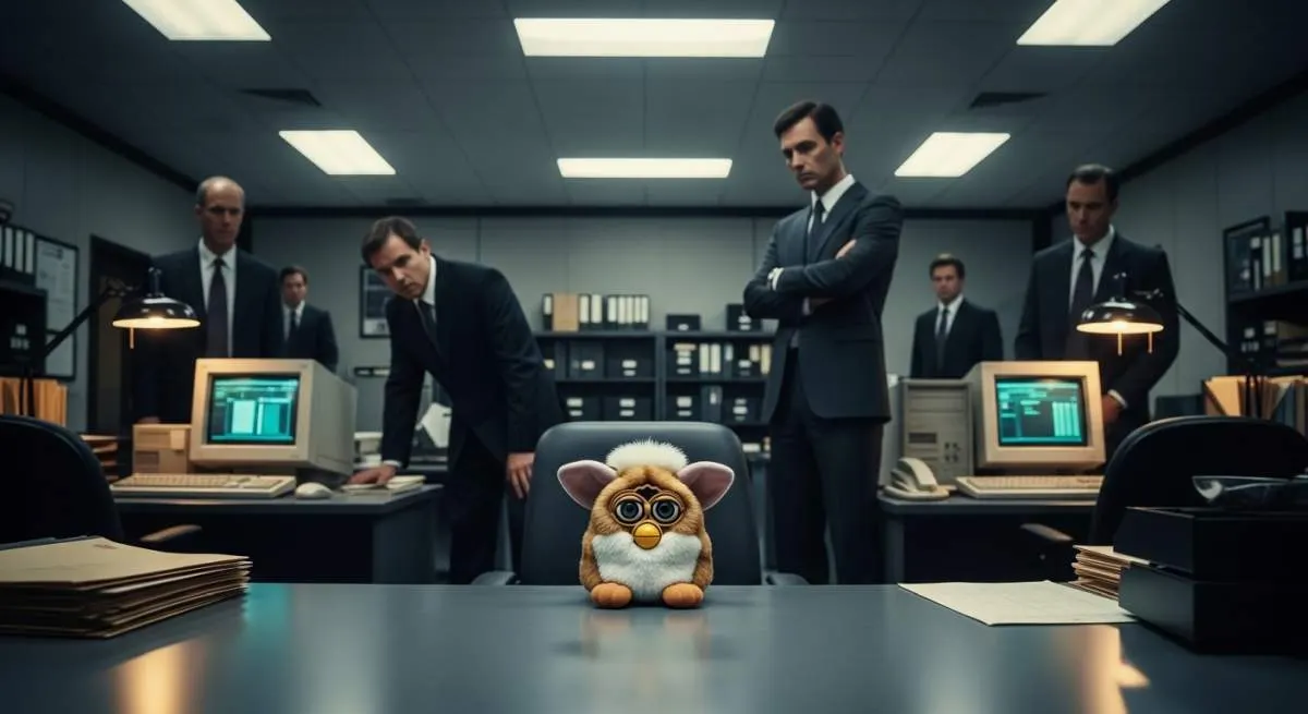 Colorful 1990s Furby toy sitting on a desk during the Pentagon spy scare controversy