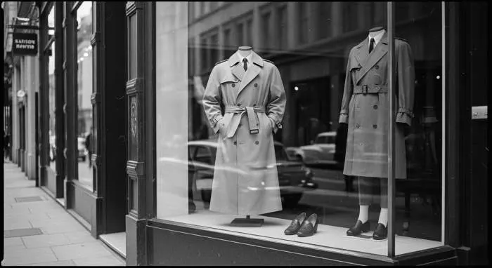 Khaki Burberry-style trench coat with storm flaps and buttoned straps.