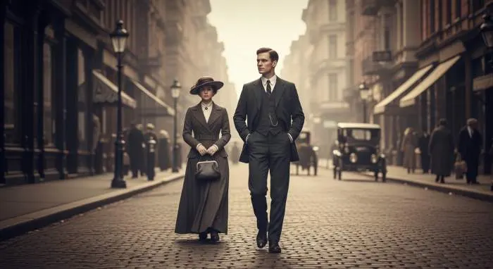 Woman holding a handbag, contrasting with a man's suit with functional pockets