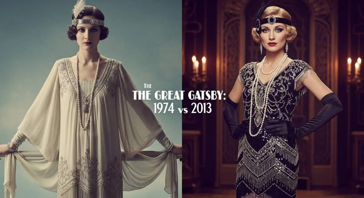 Comparison of glamorous 1920s Gatsby fashion styles from the 1974 and 2013 film adaptations