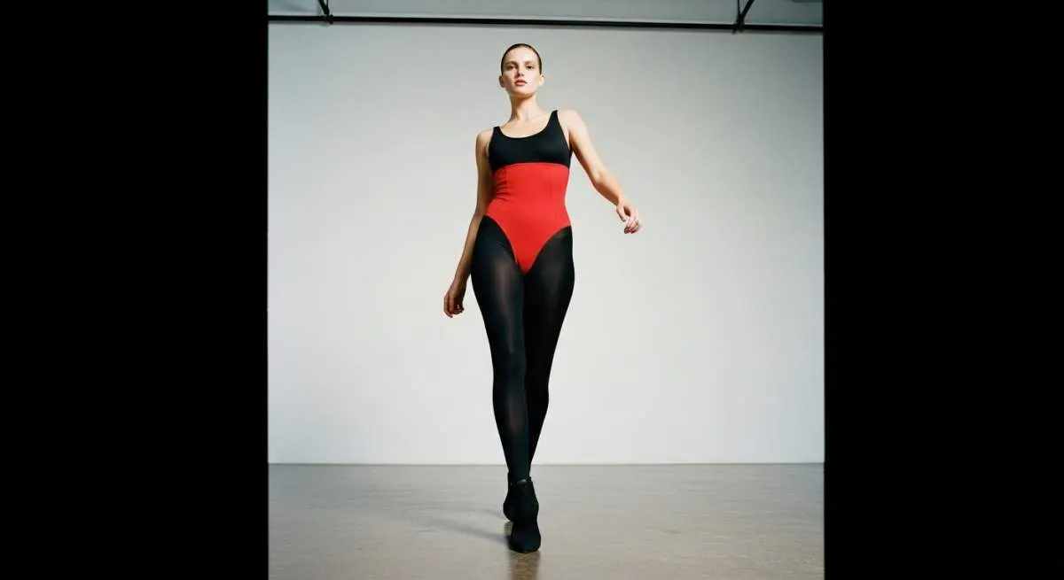 Athletic model wearing high-cut neon spandex bodysuit inspired by 1980s fitness fashion trends