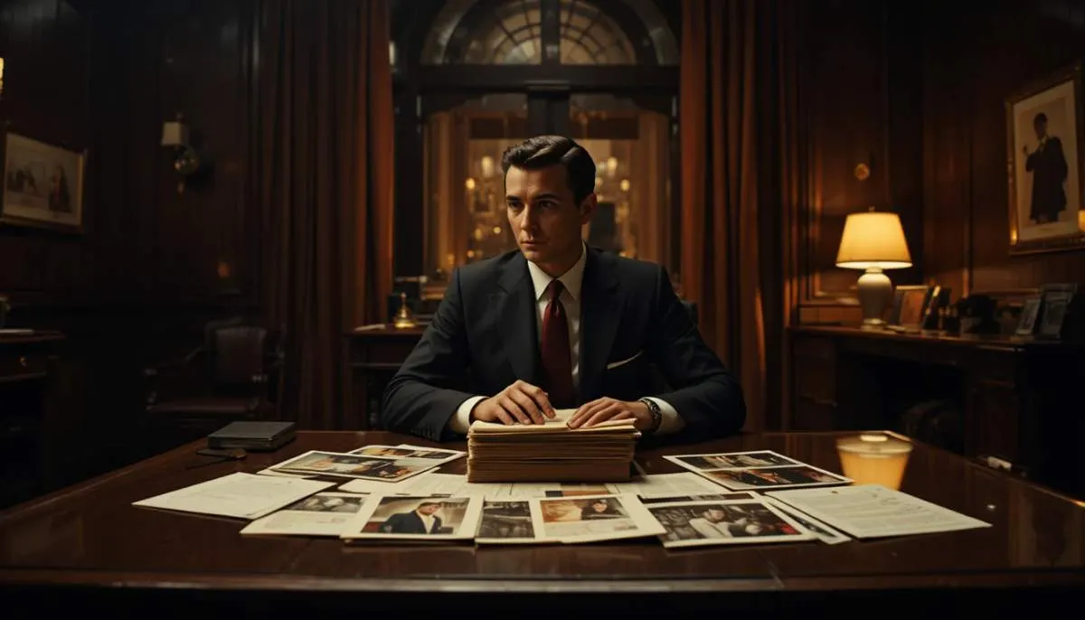 Shadowy Hollywood studio executives in a vintage office hiding scandals during the Golden Age of cinema