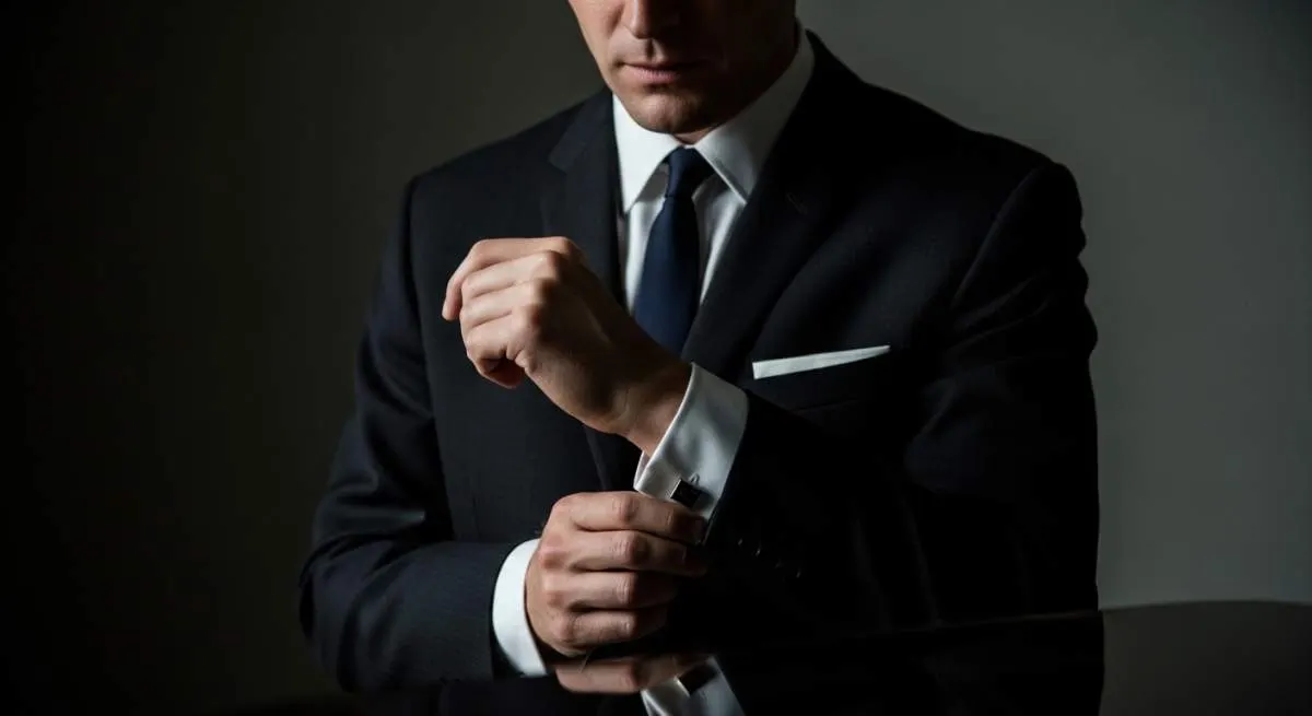 Man wearing a perfectly tailored 1960s James Bond-style suit with classic spy elegance