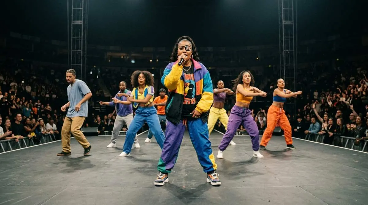90s hip-hop style female performer on stage wearing bold colorful outfit with iconic left-eye accessory, confidently delivering a message through fashion and performance